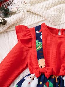 Toddler Girls' Cute & Artsy Christmas Themed Reindeer, Santa Claus, Christmas Tree Print Long Sleeve Ruffle Trim Waffle Knit Party Dress, Autumn - Multicolor - View 6
