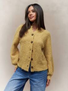 MISSGUIDED Warm Woollen Round Collar Button Through Balloon Sleeves Cardigan For Fall/Winter Winter Wear - Yellow - View 1