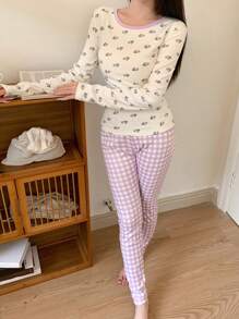 DAZY Cute Contrast Color Plaid Printed Fleece Pajamas Set - Purple - View 1
