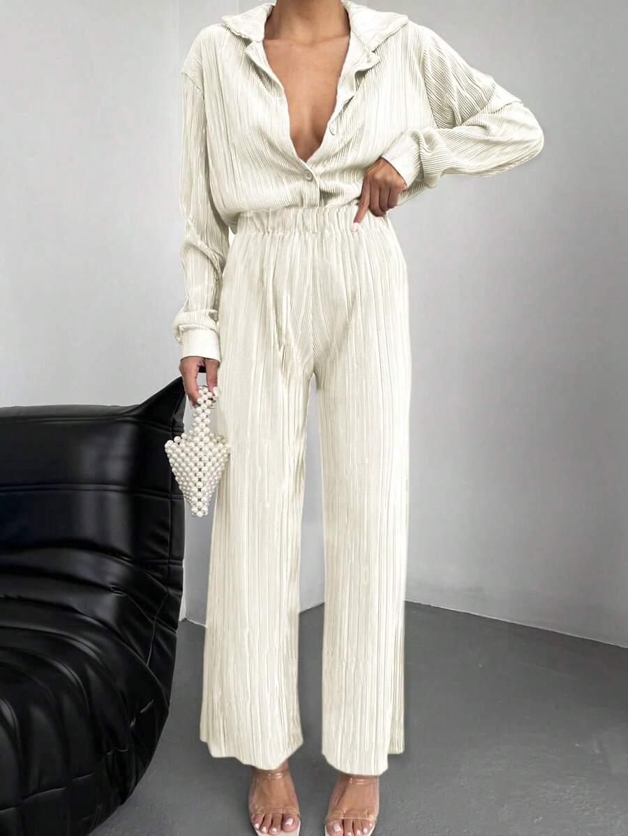EURMUSE Drop Shoulder Shirt & Wide Leg Pants For Spring And Summer - White - View 1