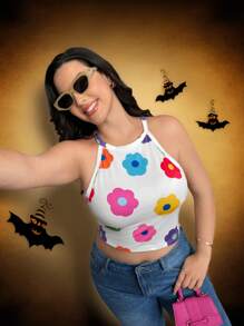 SHEIN Essnce Áo Camisole dáng ôm vừa vặn dành cho nữ cỡ lớn, nhiều màu sắc, bộ 3 chiếc, áo dễ thương, áo ôm dáng, phong cách Y2K, áo đi học, áo hóa trang, áo mùa thu, áo croptop, áo đen trắng, áo camisole họa tiết hoa, quần áo Halloween - Nhiều màu - Xem 3