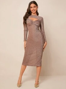 SHEIN Clasi Damen Bodycon Midikleid mit Lurex Strick, Cut Out Details und Kreuzmuster vorne, Lila-Grau