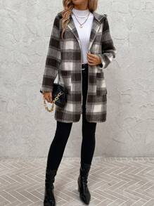 SHEIN Clasi 女士米色格子抽绳连帽拉链口袋大衣