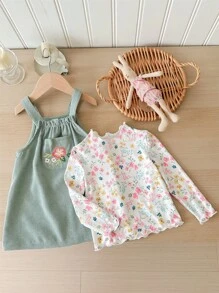 SHEIN LMoss Kids LMoss Baby Girl Baby Girl Dễ Thương Mùa Thu Vải Nhung Thêu Hoa Dây Đeo Và Bộ Áo Dài Tay Họa Tiết Hoa Ditsy - màu nâu - Xem 4