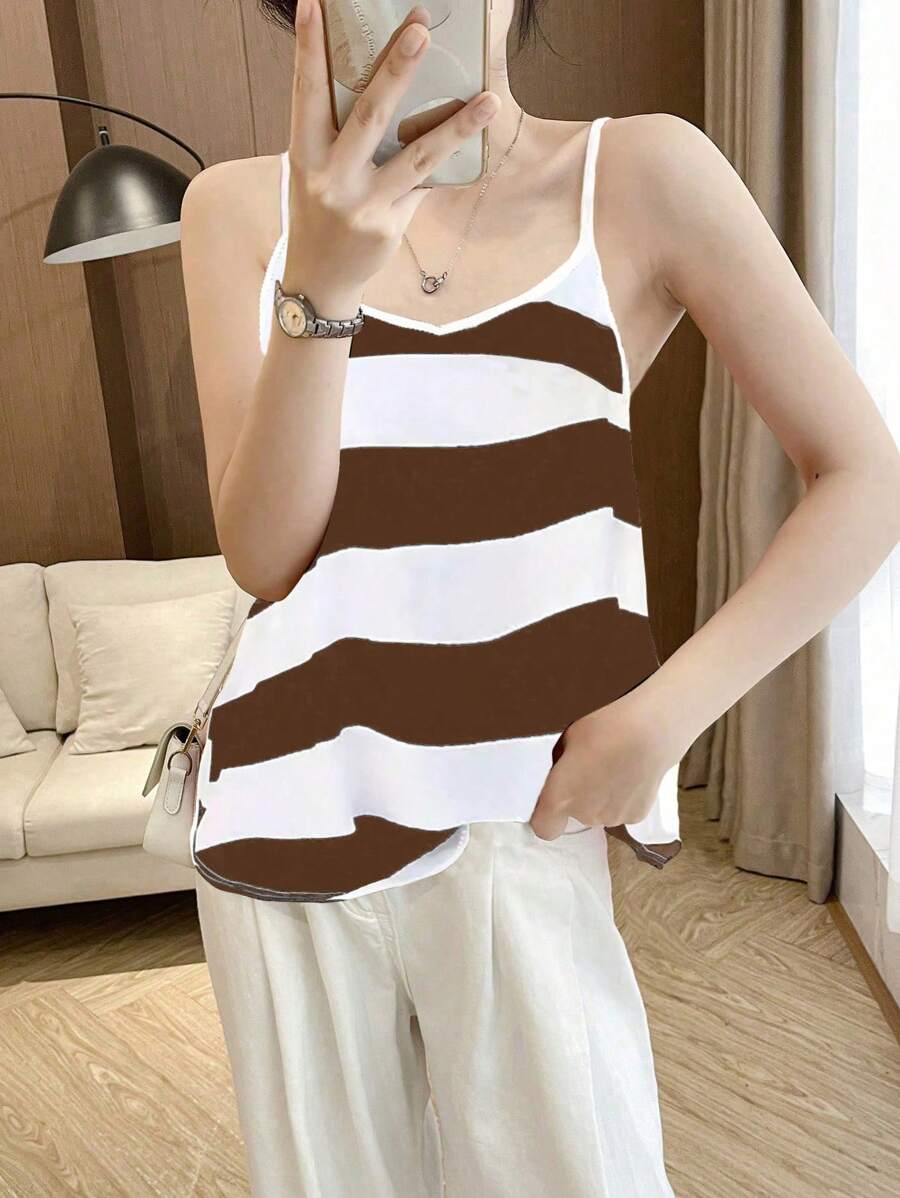 SHEIN LUNE 女士细肩带工字背条纹设计宽松休闲舒适潮流背心 - 棕色 - 查看 1