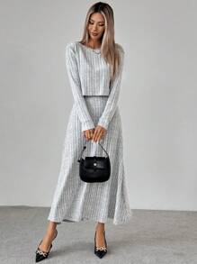 Chiquease 2pcs Women's Solid Color Crew Neck Long Sleeve Top And Skirt Set - Grey - View 4