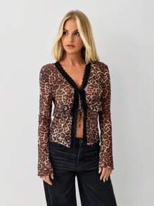SHEIN Unity Women's Leopard Print Sheer Lace Trim Tie Flared Sleeve Long Sleeve T-Shirt Fall Cloth For Women - Multicolor - View 5
