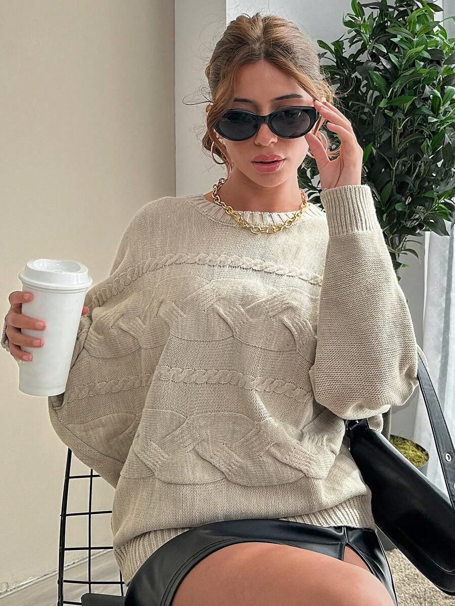 EURMUSE Elegant Cable Knit Batwing Sleeve Crew Neck Melange Yarn Sweater - Beige - View 1