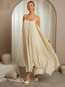 SHEIN Unity 女士纯色褶皱长款宽松休闲吊带连衣裙 - 黃色 - 查看 3