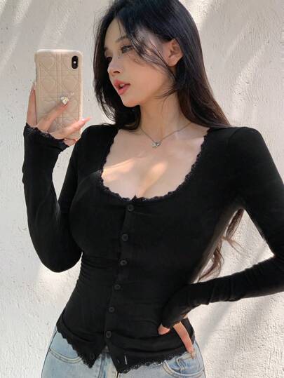 DAZY Women's Round Neck Lace Splice Long Sleeve Fitted T-Shirt,Fall Clothes