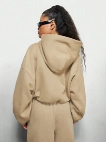 SUMWON WOMEN Cropped Athletic Hoodie Sweatshirt Oversized Balloon Sleeve Drawstring Waist Workout Loungewear Fall Winter Activewear Casual Sporty - Khaki - View 2