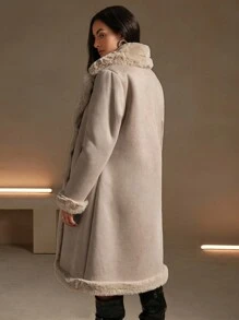Anewsta 女士纯色翻领长袖长款加厚优雅常规外套，冬季，女士冬季休闲撞色蓬松口袋常规袖瀑布修身卡其色纯色女士外套，冬季保暖/冬季时尚 - 卡其色 - 查看 2