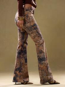 Quần jeans ống loe cài nút bất đối xứng cạp trễ, họa tiết động vật Y2K mùa xuân thập niên 90, phong cách đường phố mùa hè gợi cảm dễ thương cổ điển Ibiza, buổi hòa nhạc mùa thu đông, họa tiết Halloween - màu nâu - Xem 4