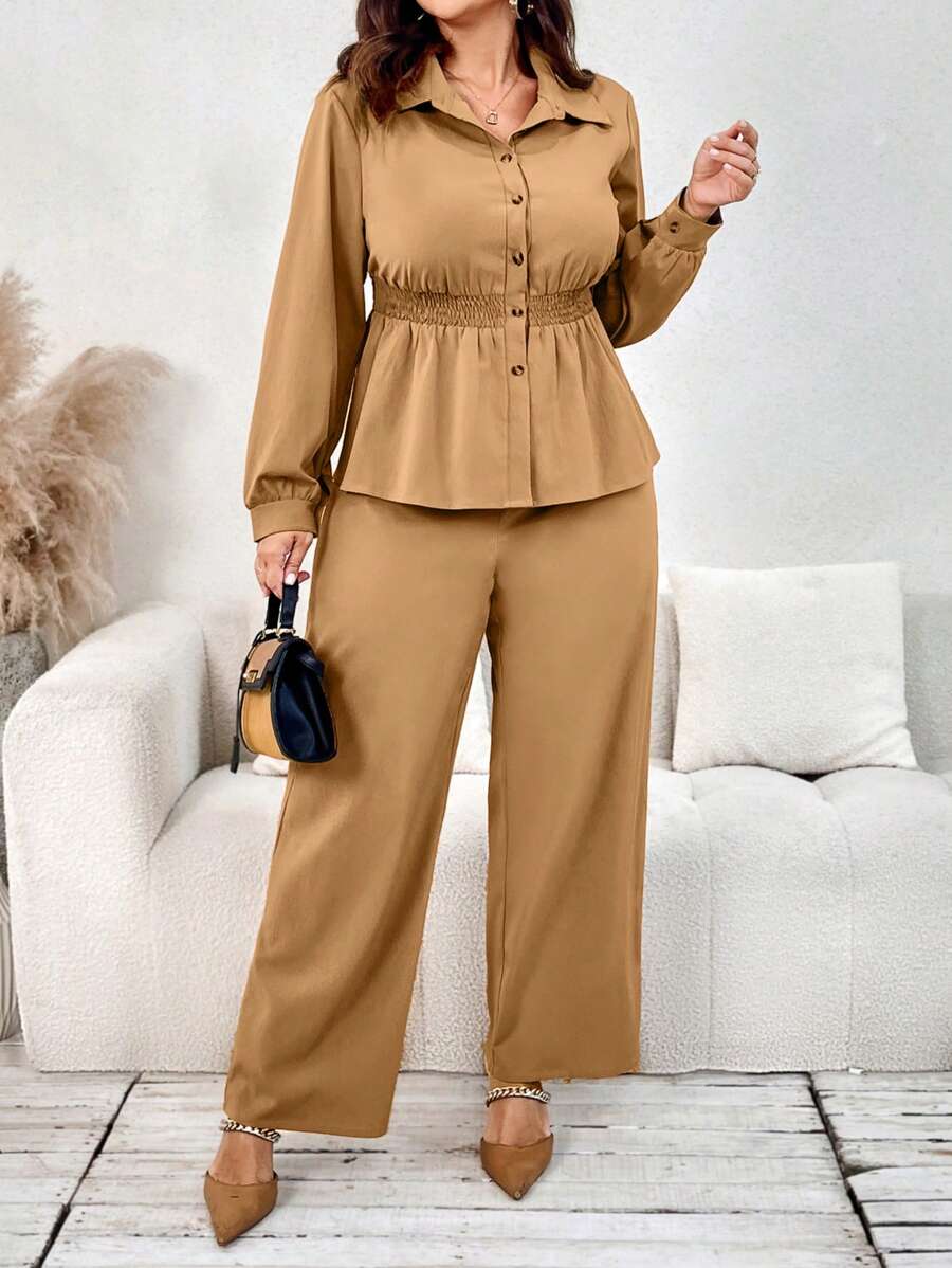 Mulvari 2pcs Plus Size Women Solid Color Long Sleeve Top And Pants Set 2 Pieces Set - Brown - View 1