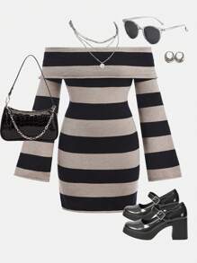 SHEIN Teen Girls Black & Gray Striped Off Shoulder Flare Sleeve Knit Sweater Dress For Halloween - Multicolor - View 3