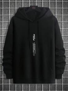 Manfinity Homme 男士休闲标语图案袋鼠口袋抽绳保暖连帽衫，秋冬款 - 黑色 - 查看 4