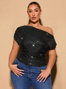 SHEIN BAE Blusa elegante de manga corta con hombros descubiertos, asimétrica, con lentejuelas brillantes negras, adecuada para fiestas elegantes y ocasiones elegantes de Halloween, para mujeres de talla grande en otoño - Negro - Ver 3
