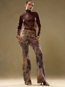 Quần jeans ống loe cài nút bất đối xứng cạp trễ, họa tiết động vật Y2K mùa xuân thập niên 90, phong cách đường phố mùa hè gợi cảm dễ thương cổ điển Ibiza, buổi hòa nhạc mùa thu đông, họa tiết Halloween - màu nâu - Xem 3