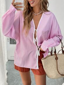 SHEIN LUNE Women Striped Print Tie Up Long Sleeve Shirt - Pink - View 4