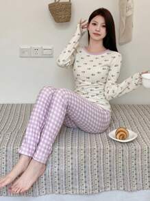 DAZY Cute Contrast Color Plaid Printed Fleece Pajamas Set - Purple - View 4