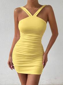Allurite Vestido mini ajustado, sexy, con cuello de halter y espalda descubierta para el verano - Amarillo - Ver 5