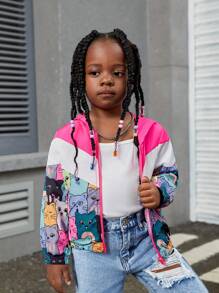 SHEIN Jaqueta casual solta com capuz e estampa de gato fofo em bloco de cores para meninas
