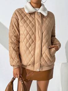 SHEIN Essnce 冬季女装菱格绗缝领长袖棉服大衣拼接毛领THE WELLS TAUPE JACKET秋冬 - 卡其色 - 查看 1