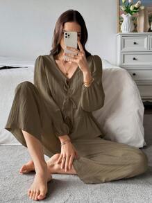 Chiquease 2 件纯色 V 领系带荷叶边下摆长袖上衣和裤子休闲装 - 棕色 - 查看 4