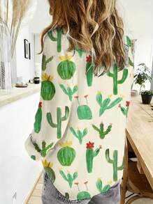 母亲节仙人掌印花简约衬衫，休闲长袖纽扣衬衫，女士 - 綠色 - 查看 2