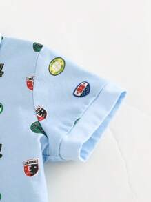 Cozy Pixies 2 piezas/Conjunto Camisa polo de punto de cuello suave con logo de dibujos animados y pantalones cortos de unicolor para niño bebé
