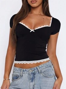 INAWLY Plus Size Women's Colorblock Lace Patchwork Short Sleeve Summer T-Shirt