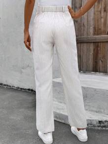 SHEIN LUNE Office Lady Linen Beige Striped Women Business Casual Trousers - Apricot - View 3