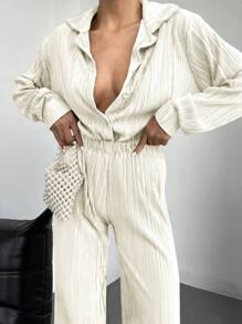 EURMUSE Drop Shoulder Shirt & Wide Leg Pants For Spring And Summer - White - View 4