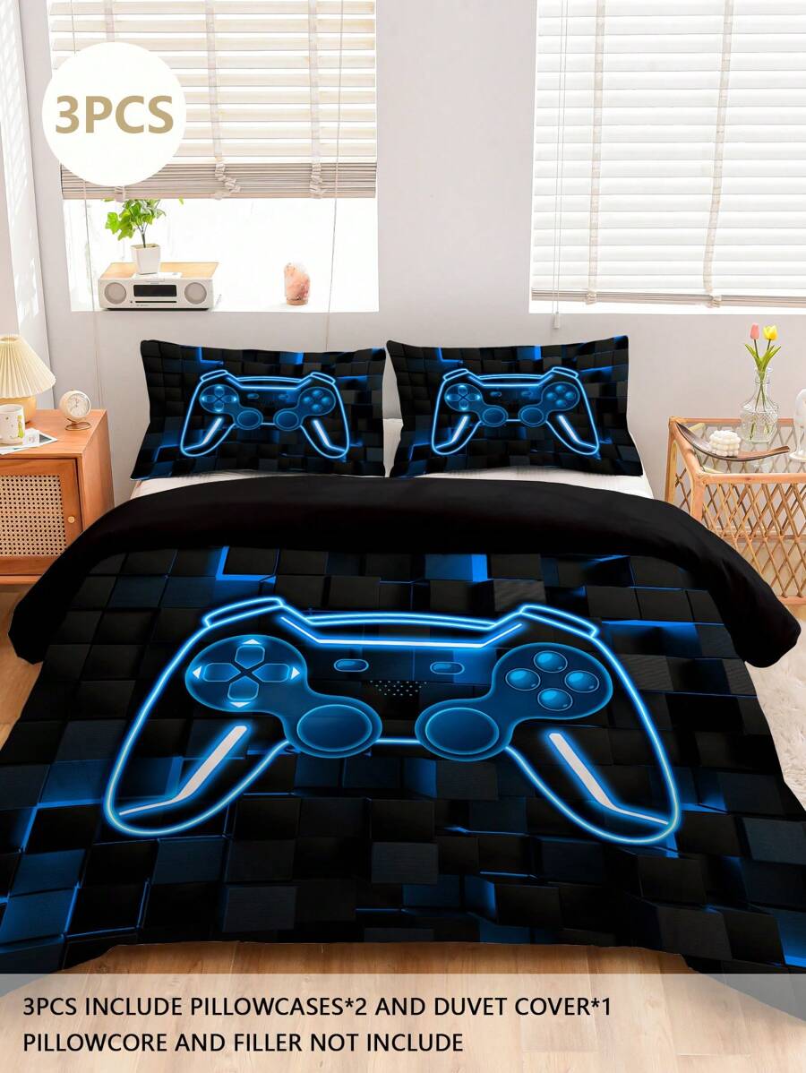 Juego de ropa de cama de 3 piezas con diseño de consola de juegos, cómoda, 1 funda de edredón y 2 fundas de almohada, hecha de tela de poliéster 100% respetuosa con la piel, sin relleno, diseño de control de juego, apta para dormitorio, dormitorio o viajes, para todas las estaciones - Multicolor - Ver 1