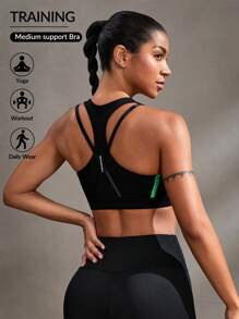 SHEIN Sports Women's Hollow Slim Fit Casual Sports Bra - Black - View 1