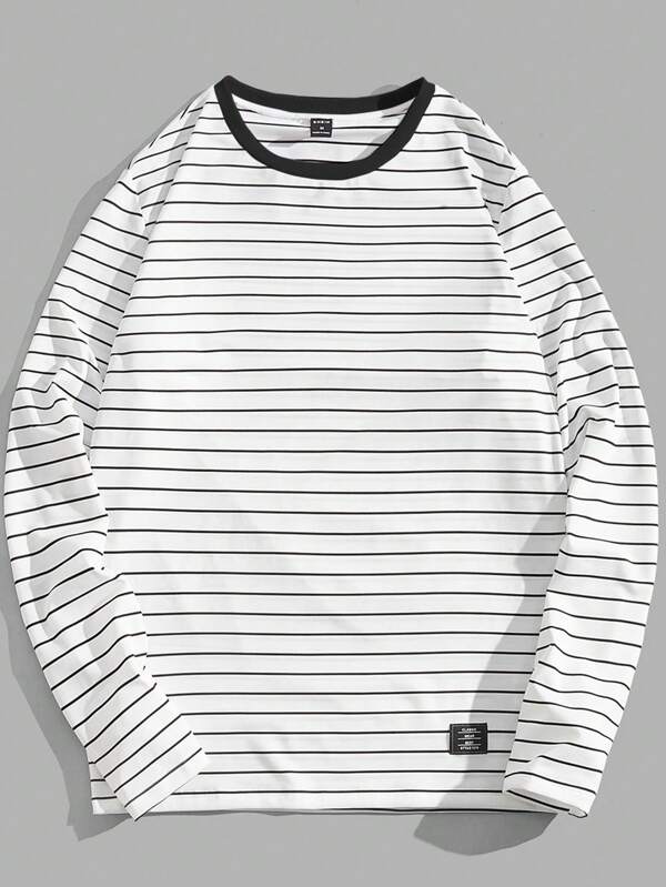 SWAVVY 1pc White Fitted Ribbed Knit Crew Neck Long Sleeve T-Shirt, Summer