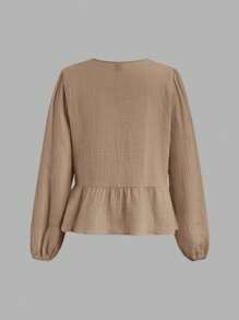 SHEIN Essnce Bộ trang phục giải trí 2 món cho nữ - Áo tay lỡ rút dây & Quần ống rộng cạp cao, Mùa xuân 2024 - Màu Khaki - Xem 5