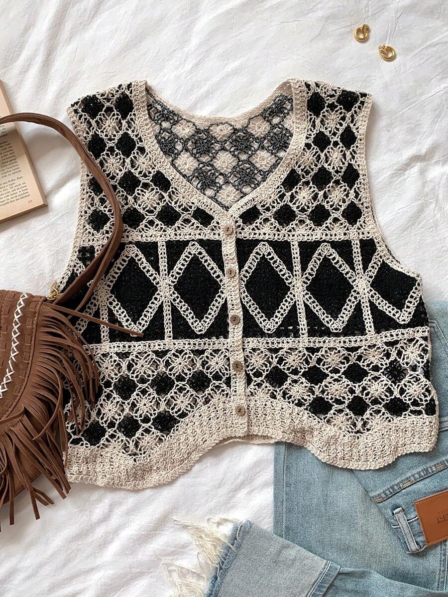 Comfortcana Women's Casual Diamond Pattern Knitted Cardigan Vest