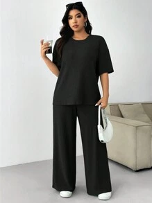 Solflare Plus Size Plain Round Neck Short Sleeve Casual Top And Pants Set