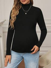 SHEIN Women's Basic Ribbed Elastic Fitted Maternity Turtleneck, Maternity Turtleneck Sweater, For Winter
