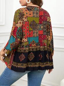 SHEIN Plus Size Casual Vintage Floral Print Shirt Peplum Top - Multicolor - View 2