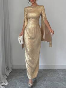 Elenzga 女士奢华晚礼服，金色圆领长袖开衩连衣裙，适合新年、派对、宴会、女士服装 - 金色 - 查看 4