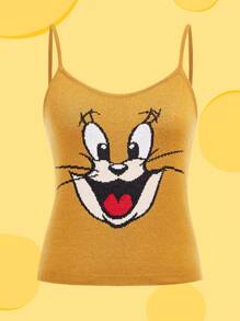 TOM & JERRY X SHEIN Women's Fall Cartoon Pattern Slim Fitted Yellow Y2k Crop Cami Knit Top
