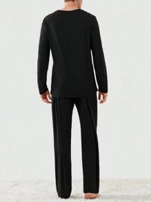 2pcs Men's Color Block Patch Crew Neck Long Sleeve Shirt And Pants Loungewear Set, Fall Clothes - Black - View 2