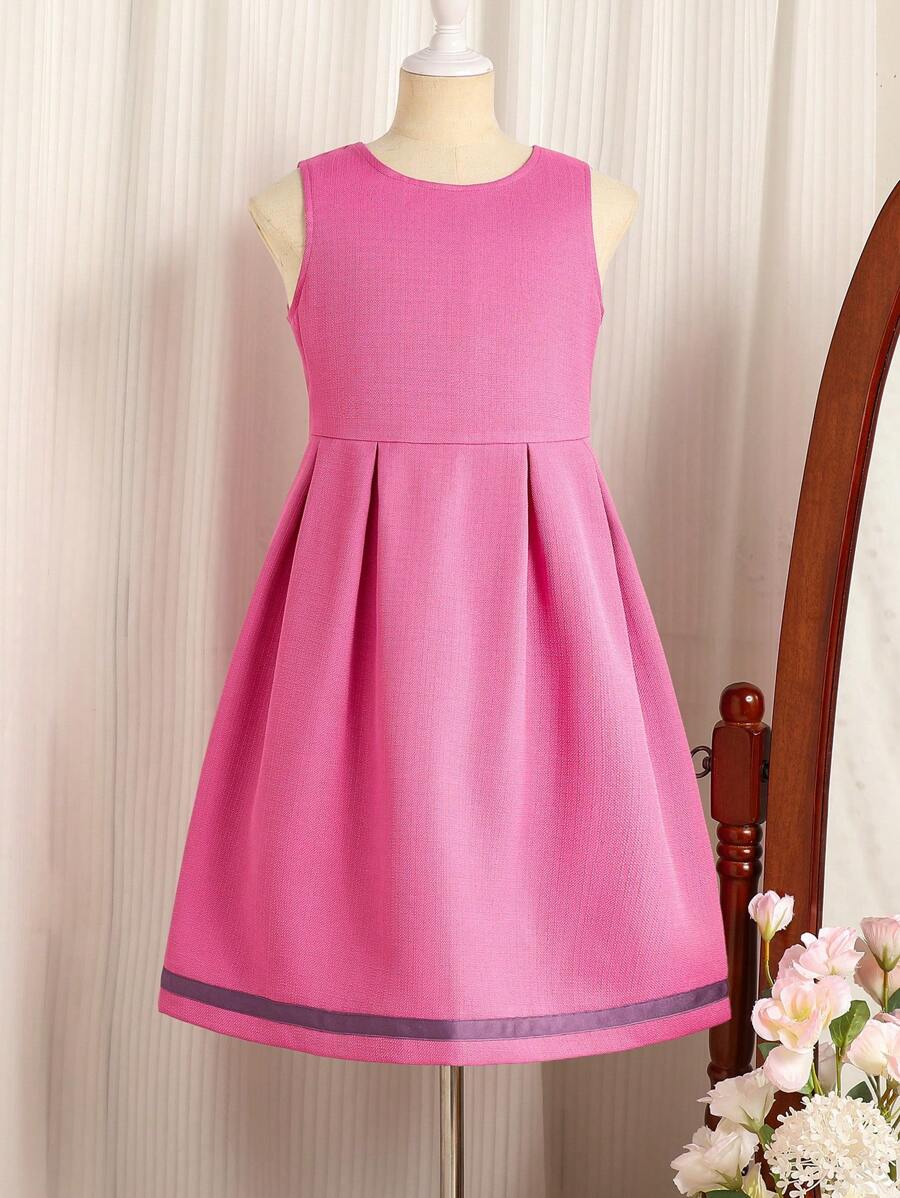 Girls' Pink Elegant Sleeveless Collared Long Skirt Casual Fit-And-Flare Dress Suitable For Fall/Winter Occasions Such As School, Parties, Outings - Pink - View 1
