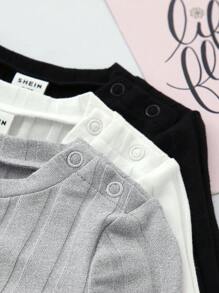 SHEIN 3件套新生女宝宝休闲纯色针织弹力连体衣套装 - 黑與白 - 查看 3