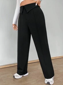 Celure Plus Size Versatile Solid Color Fold-Over Waistband Tapered Pants - Black - View 7