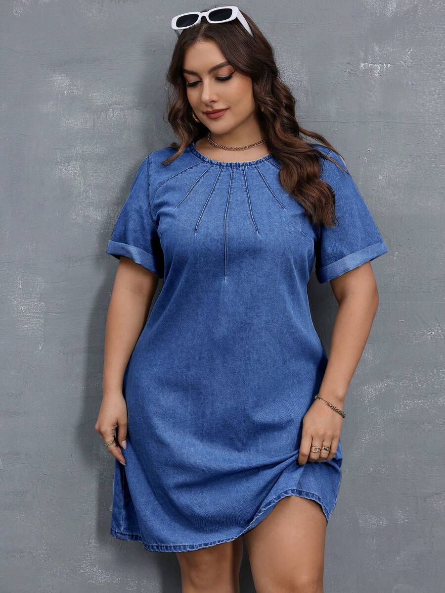 SHEIN Essnce 大码夏季休闲洗水牛仔连衣裙 - 深色水洗藍 - 查看 1