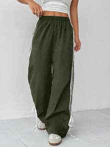 SHEIN PETITE Pantaloni alla caviglia con laccetti e righe a contrasto per donna - Verde Oliva - Visualizzare 5