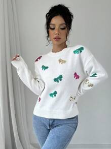 Chiquease Women's Crew Neck Long Sleeve Casual Pullover Sweater With Bow Pattern